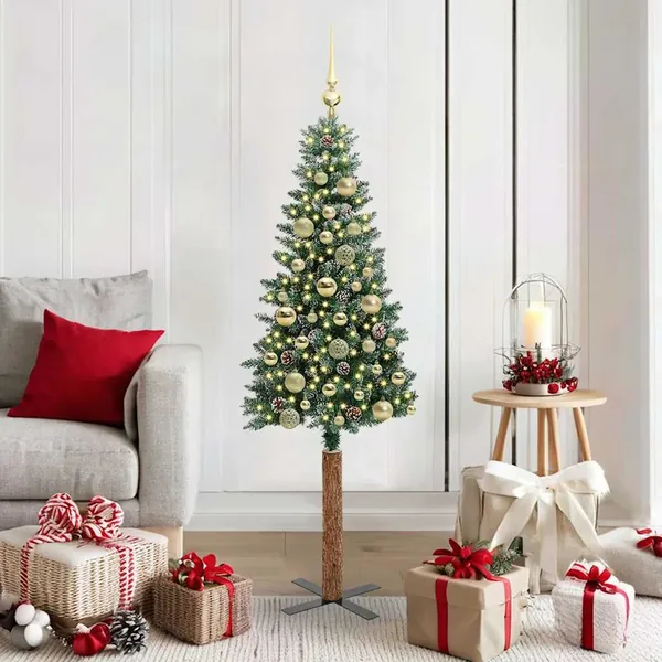 Sapin de Noël mince Vert 150 cm PVC et bois de pin massif