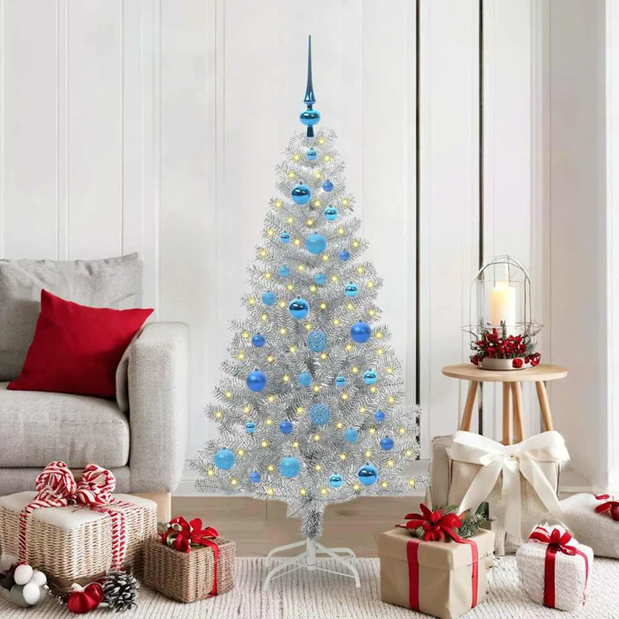 Sapin de Noël avec 150 LED avec support Argent 150 cm PET