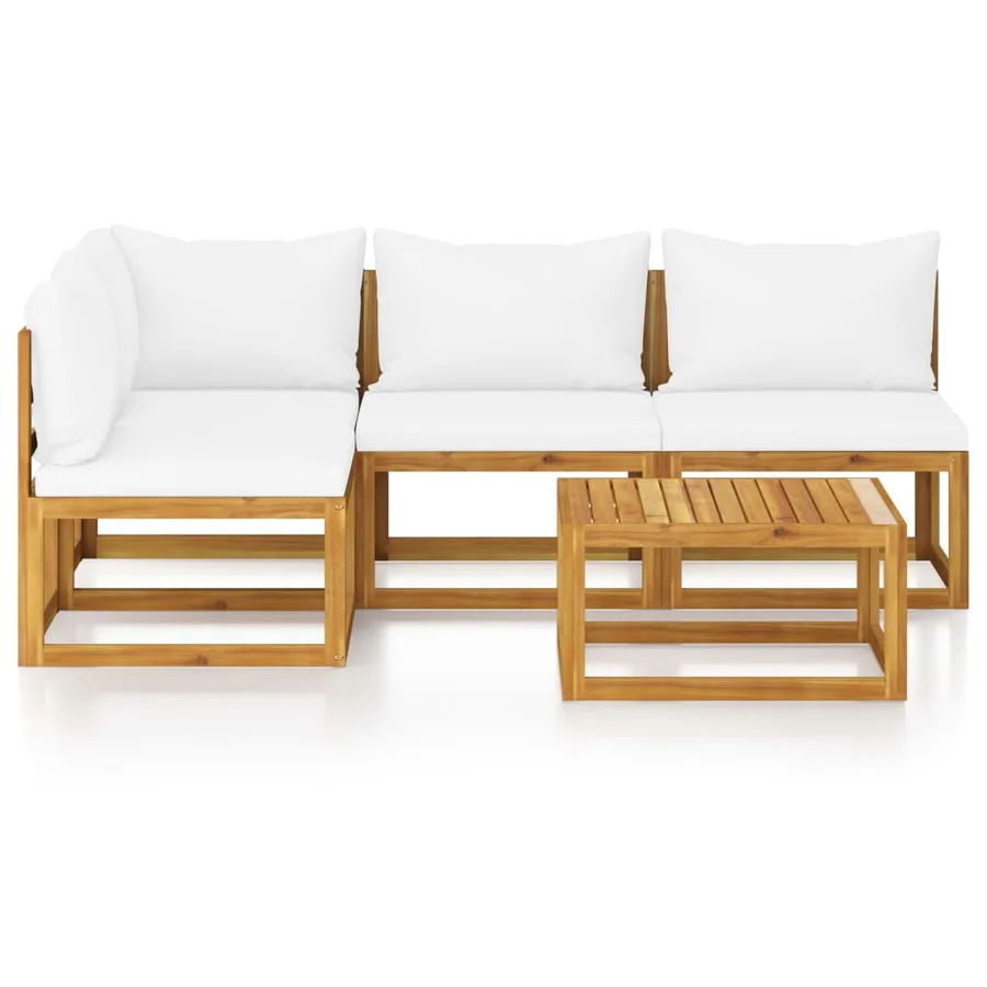 Salon de jardin 5 pcs avec coussin Crème Bois d'acacia solide - 3