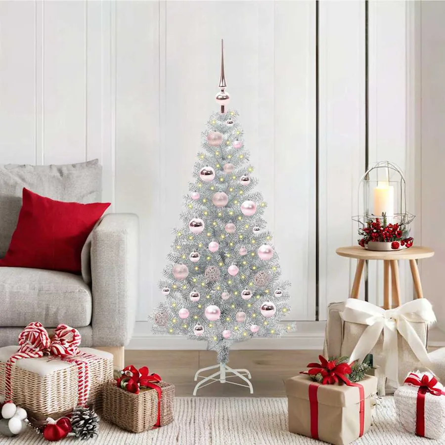 Sapin de Noël avec 150 LED avec support Argent 120 cm PET