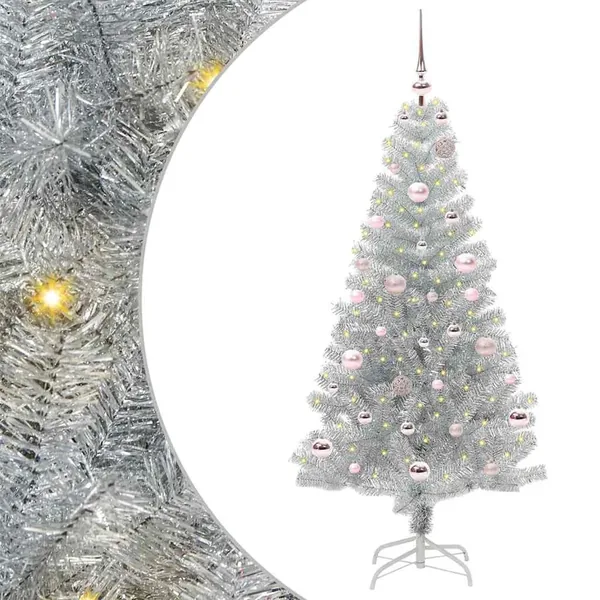 Sapin de Noël avec 150 LED avec support Argent 150 cm PET
