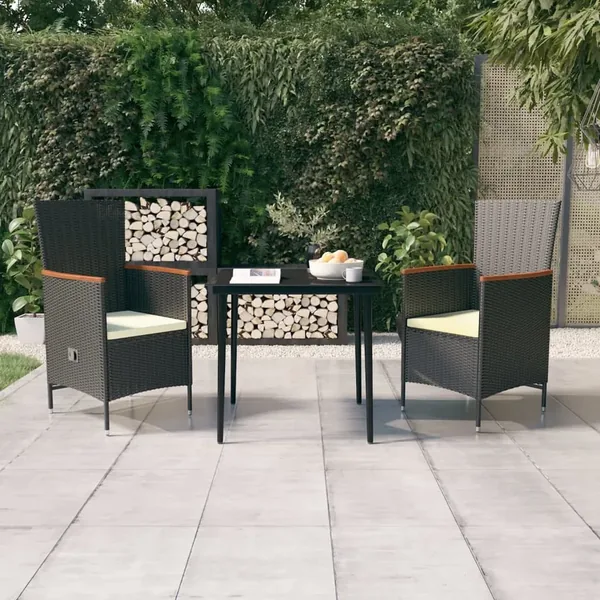 Ensemble à manger de jardin avec coussins 3 pcs noir