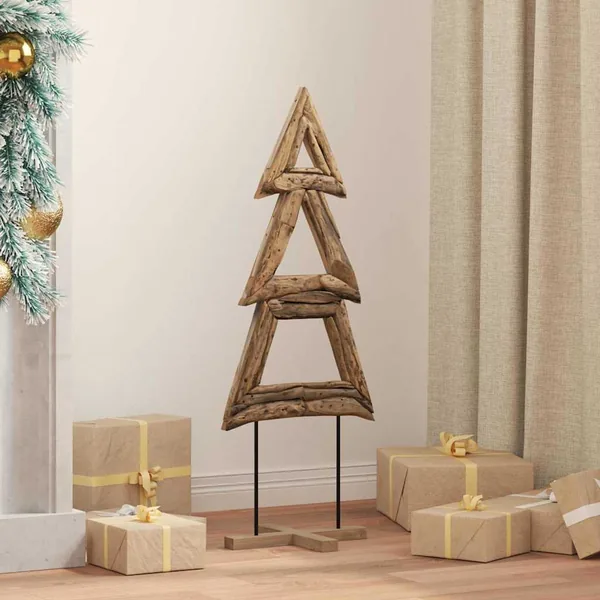 Sapin de Noël avec support Marron 90 cm Bois de teck solide