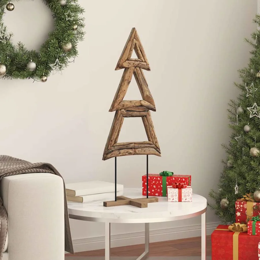 Sapin de Noël avec support Marron 90 cm Bois de teck solide - 4
