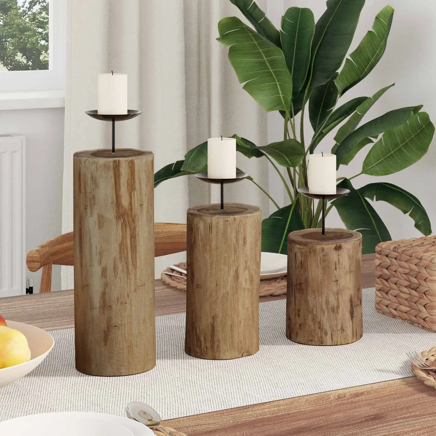 Bougeoir 3 pcs Naturel Teck massif