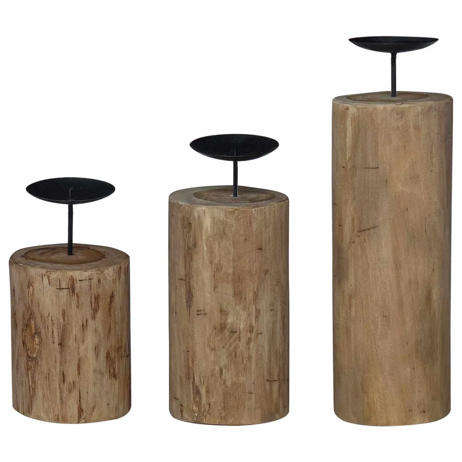 Bougeoir 3 pcs Naturel Teck massif - 5
