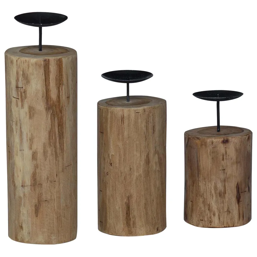 Bougeoir 3 pcs Naturel Teck massif - 7