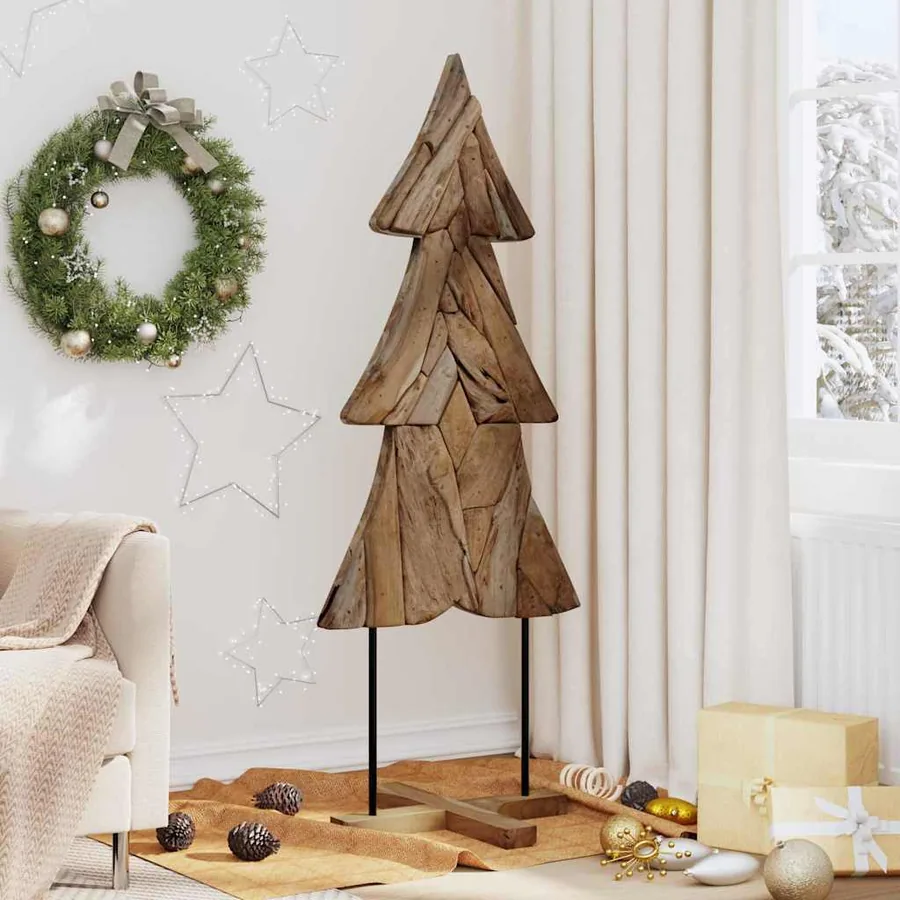 Sapin de Noël avec support Marron 151 cm Bois de teck solide