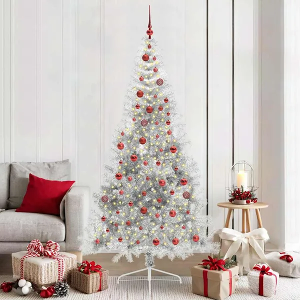 Sapin de Noël artificiel pré-éclairé Argent 210 cm PET