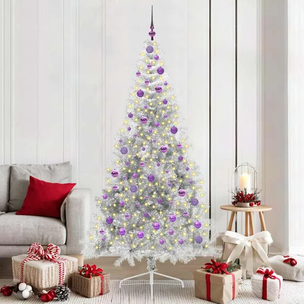 Sapin de Noël artificiel pré-éclairé Argent 210 cm PET