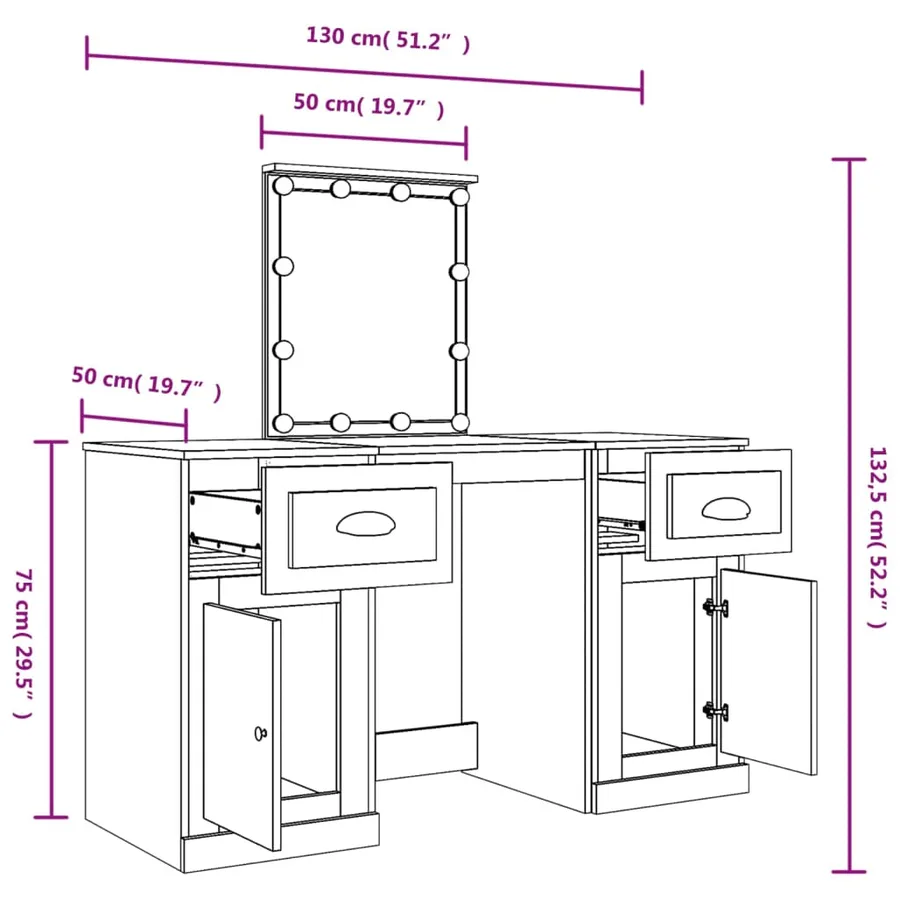 Coiffeuse avec LED chêne fumé 130x50x132,5 cm - 14