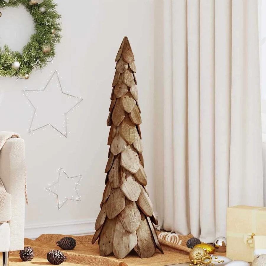 Sapin de Noël avec support Marron 111 cm Bois de teck solide