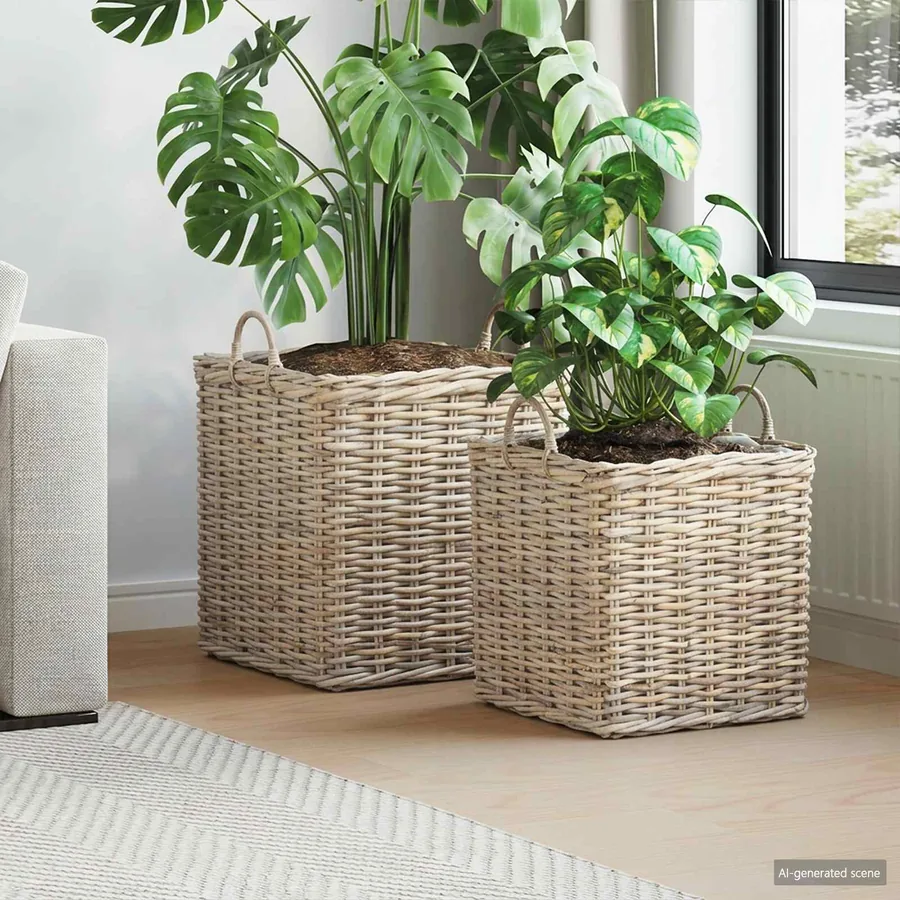 Panier de Plante avec stockage 2 pc Gris naturel Rattan Kubu