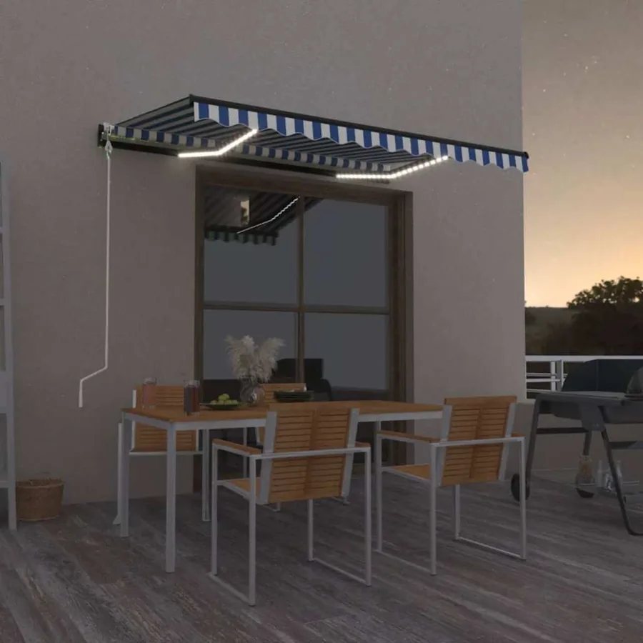 Auvent automatique capteur de vent/LED 350x250 cm Bleu et blanc