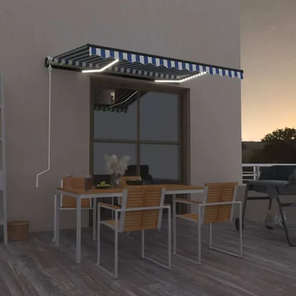 Auvent automatique capteur de vent/LED 350x250 cm Bleu et blanc