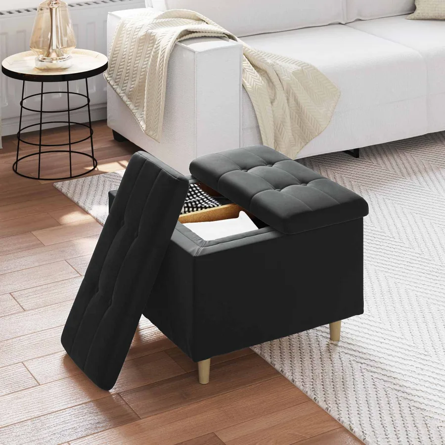 Pouf de rangement avec coussin Noir 60 x 60 x 45 cm Velours - 4