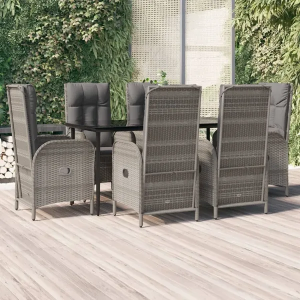 Ensemble à manger jardin et coussins 7 pcs Noir et gris Rotin