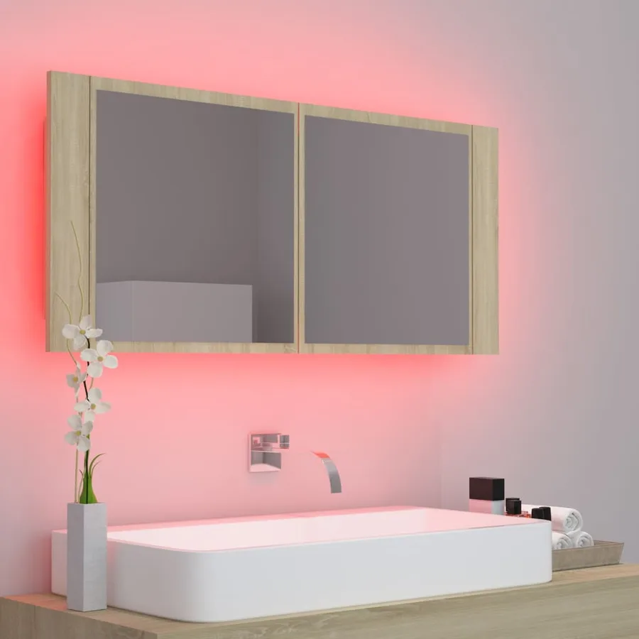 Armoire à miroir à LED de bain Chêne sonoma 100x12x45 Acrylique - 11
