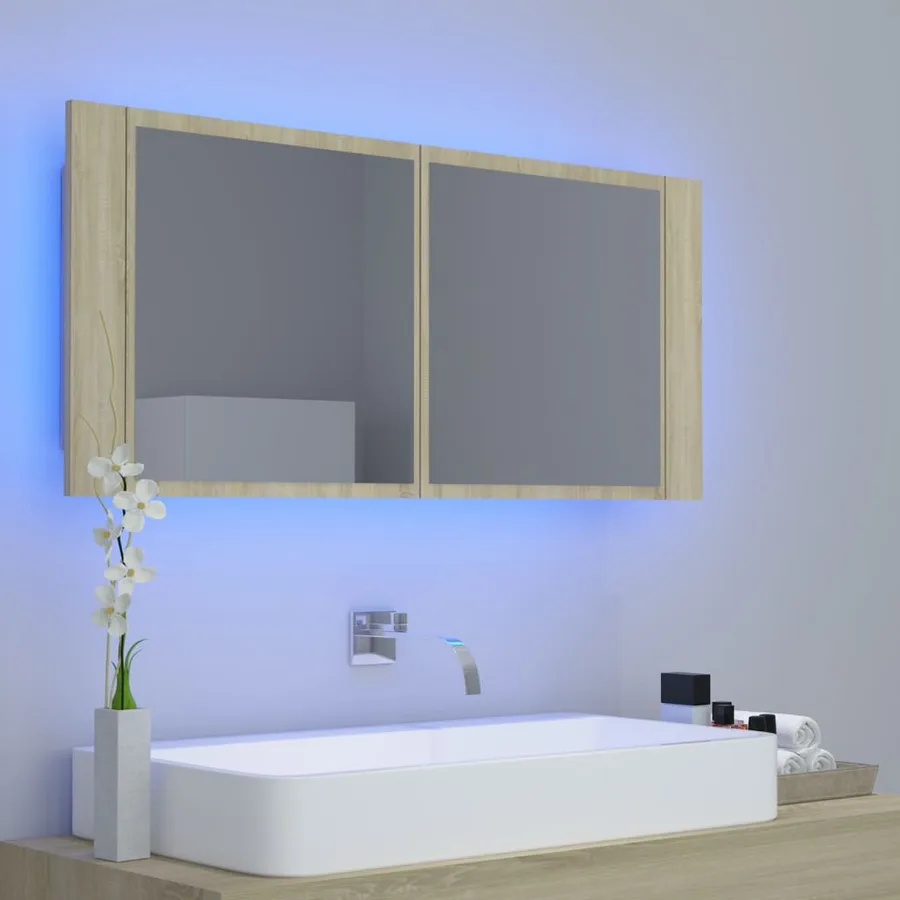 Armoire à miroir à LED de bain Chêne sonoma 100x12x45 Acrylique - 9