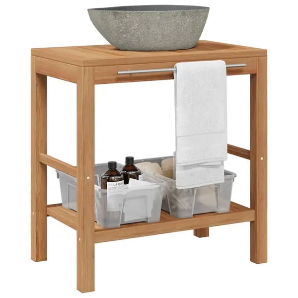 Armoire de toilette Teck solide et lavabo en pierre de rivière