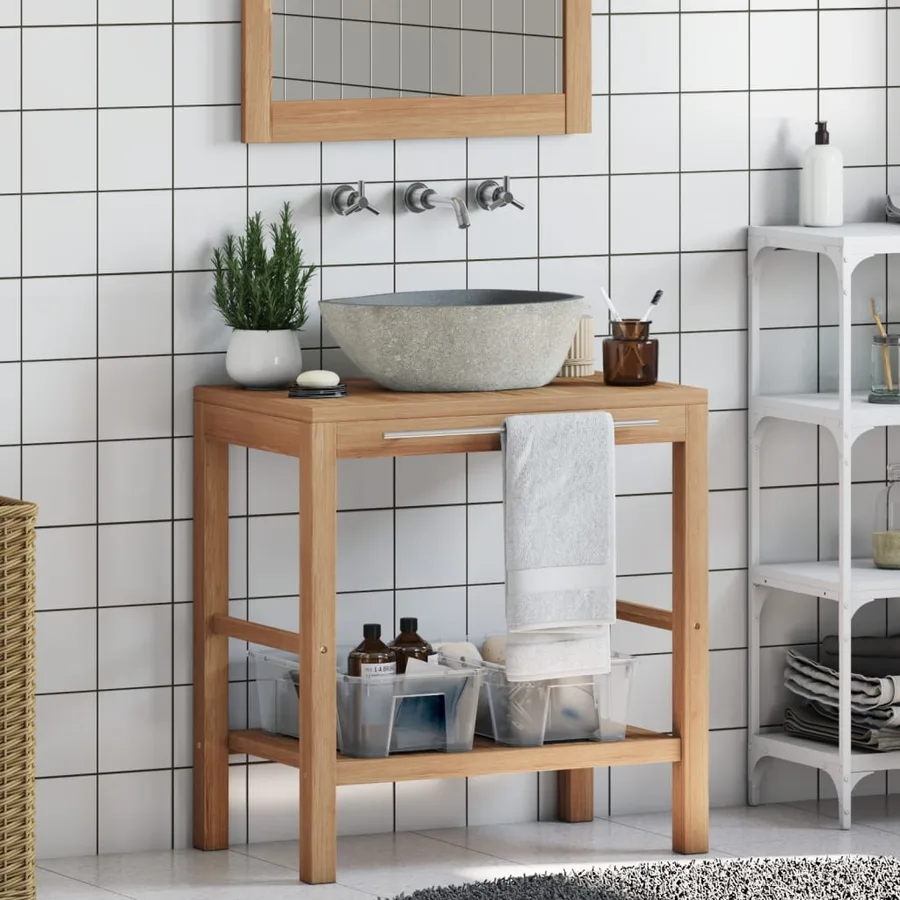 Armoire de toilette Teck solide et lavabo en pierre de rivière - 3