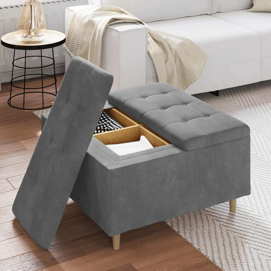 Pouf de rangement Gris foncé 80 x 80 x 45 cm Velours - 4