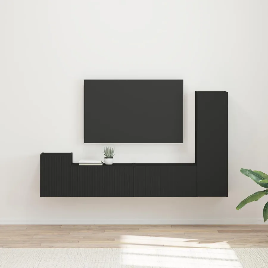 Ensemble meuble TV Montage mural 4 pcs Noir Bois d'ingénierie