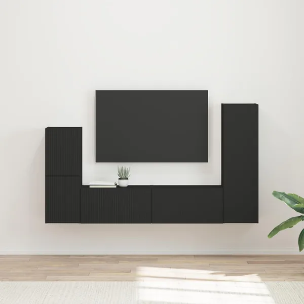 Ensemble meuble TV Montage mural 4 pcs Noir Bois d'ingénierie