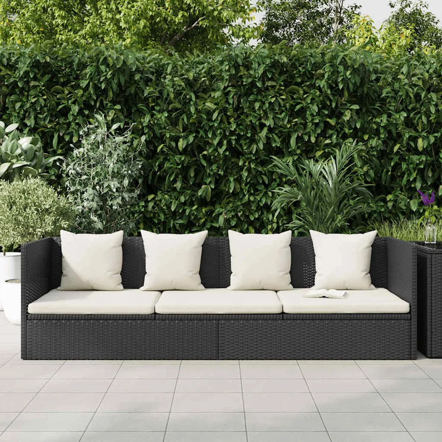 Lit de jardin avec coussin et oreillers Résine tressée Noir - 3