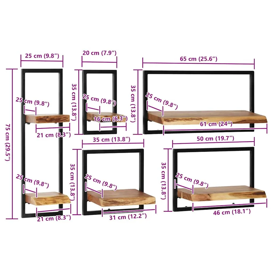 Set d'étagères murales 5 pcs Bois d'acacia massif et acier - 9