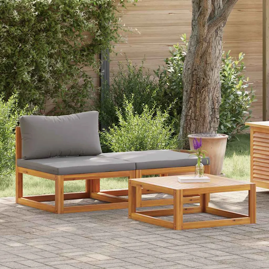 Salon de jardin 3 pcs avec coussins Bois d'acacia solide - 3