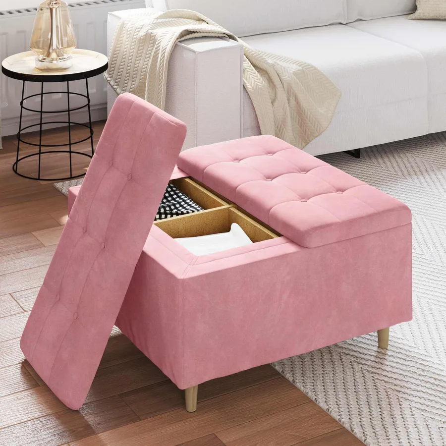 Pouf de rangement avec coussin Rose 80 x 80 x 45 cm Velours - 4