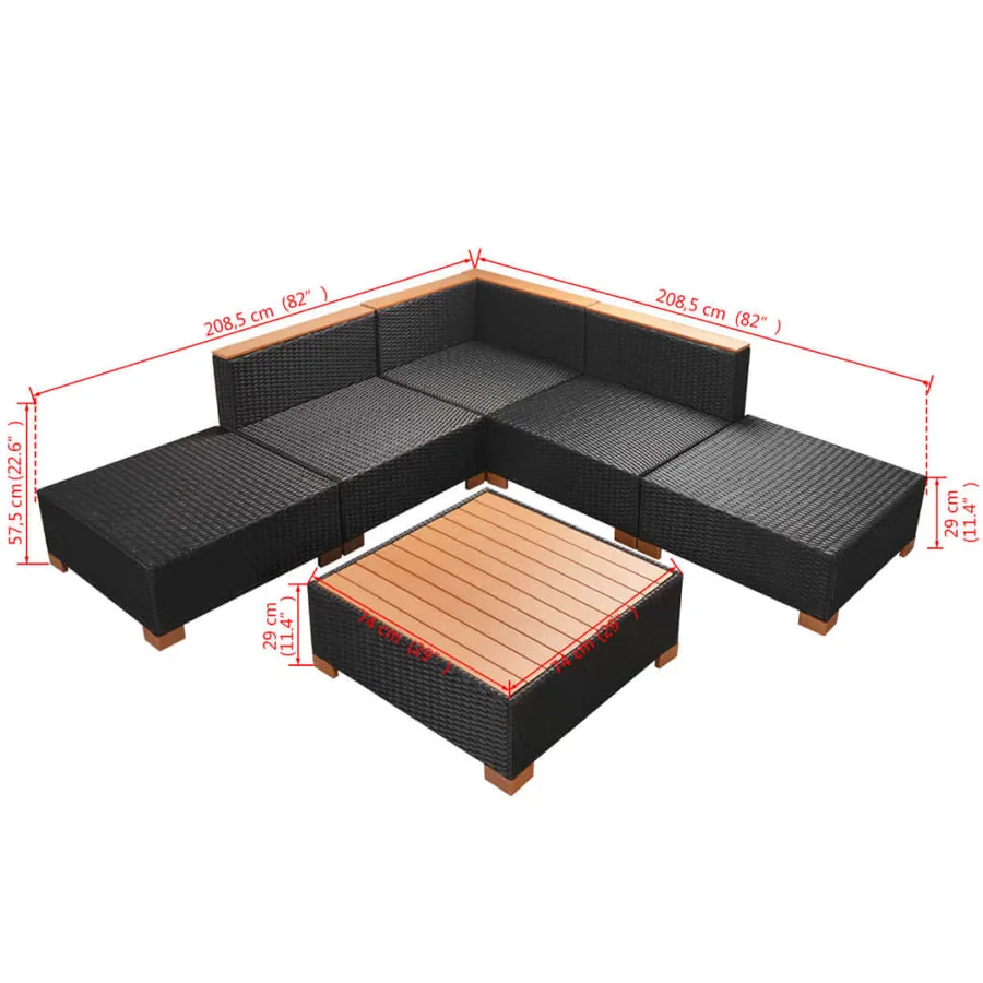 Salon de jardin 6 pcs avec coussins résine tressée noir - 15