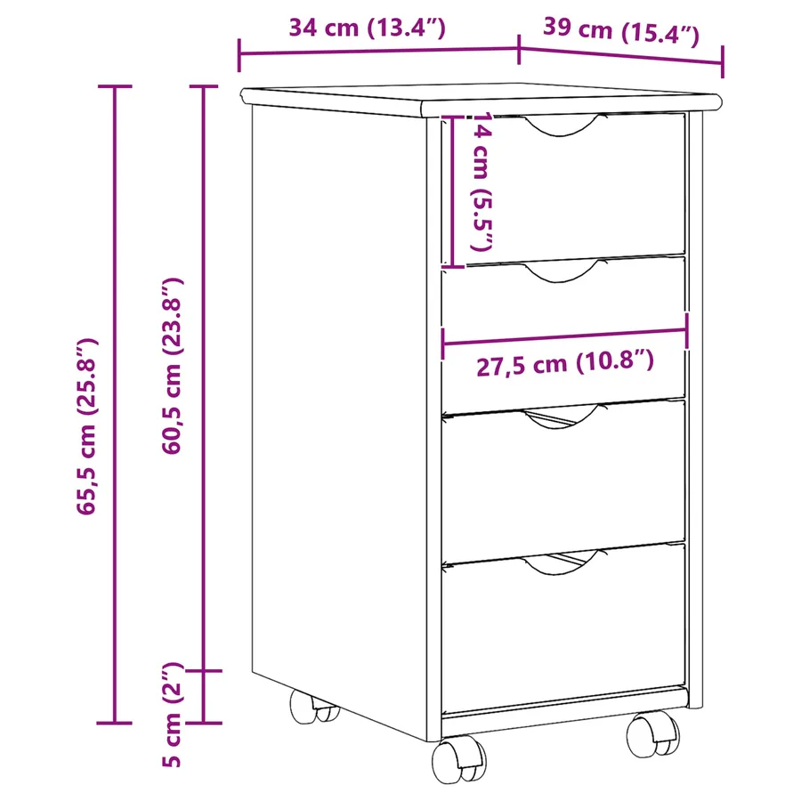 Cabinet roulant Blanc 34 x 39 x 65,5 cm Bois de Pin Massif - 10