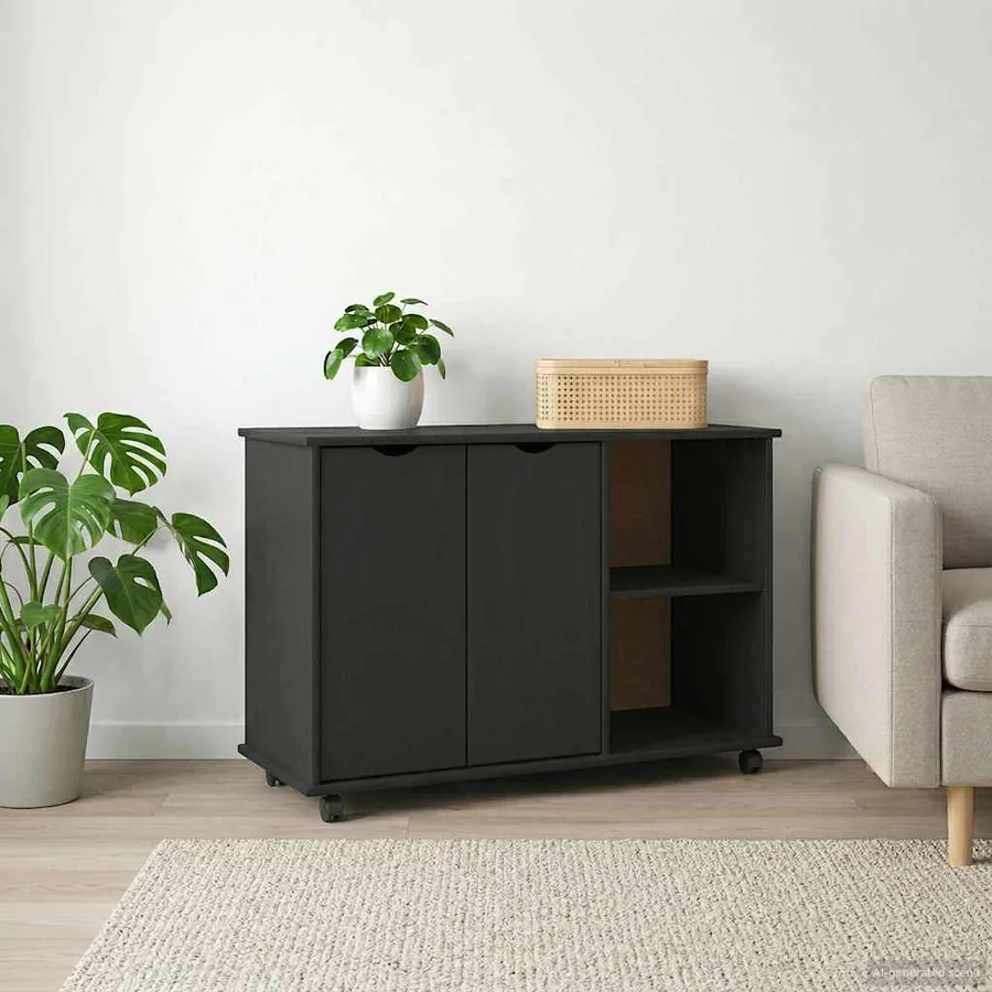 Cabinet roulant Noir 100 x 39 x 65,5 cm Bois de Pin Massif