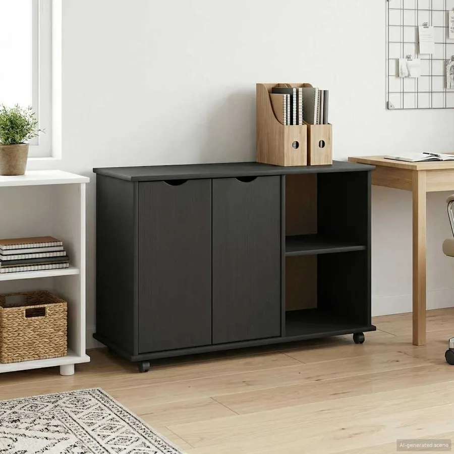 Cabinet roulant Noir 100 x 39 x 65,5 cm Bois de Pin Massif - 3