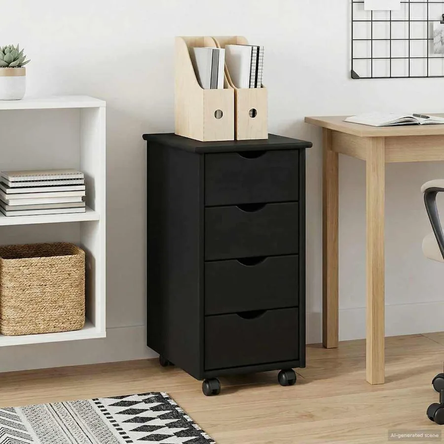 Cabinet roulant Noir 34 x 39 x 65,5 cm Bois de Pin Massif