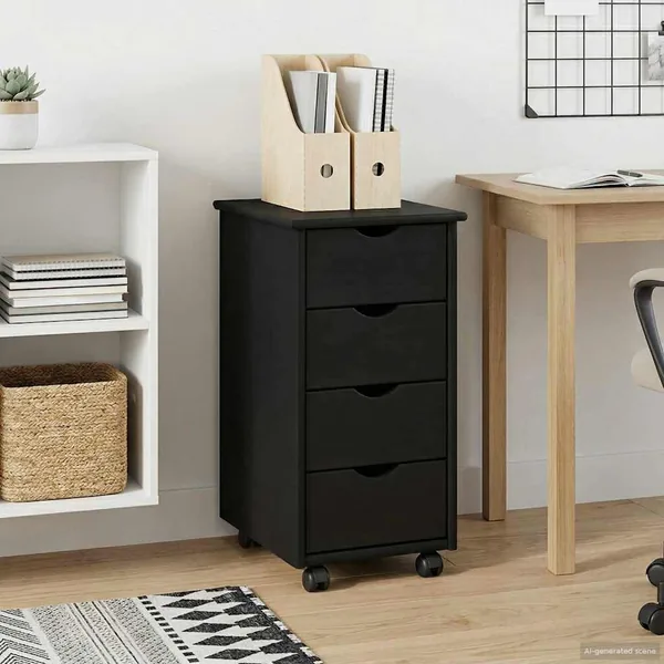 Cabinet roulant Noir 34 x 39 x 65,5 cm Bois de Pin Massif
