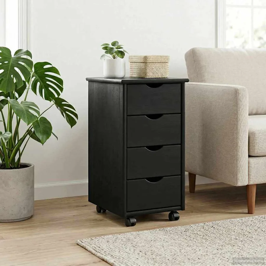 Cabinet roulant Noir 34 x 39 x 65,5 cm Bois de Pin Massif - 3