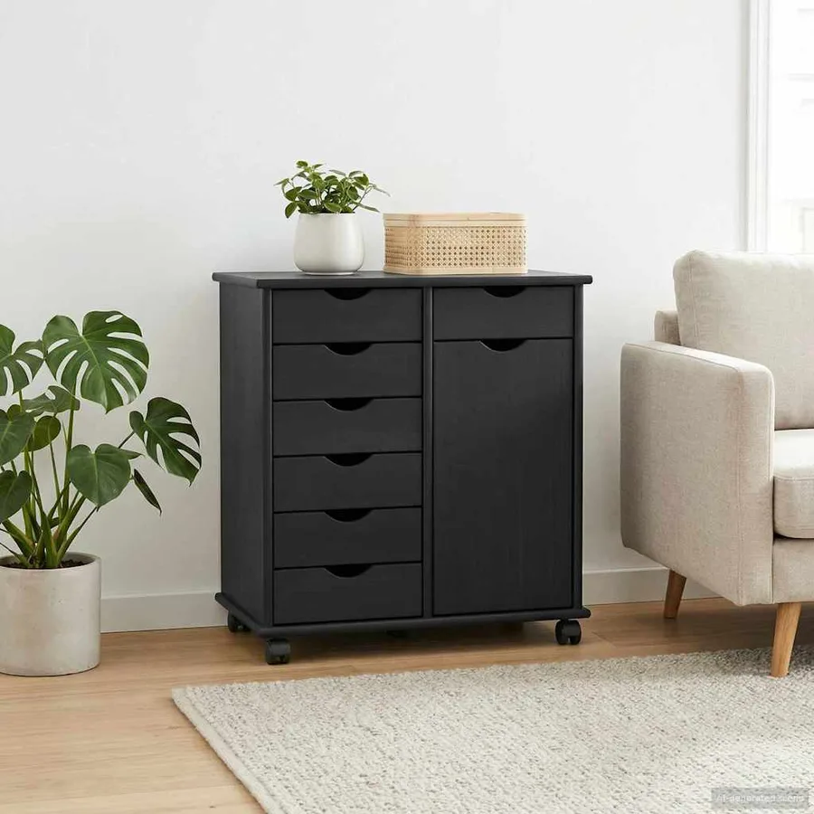 Cabinet roulant Noir 63,5 x 39 x 65,5 cm Bois de Pin Massif - 3