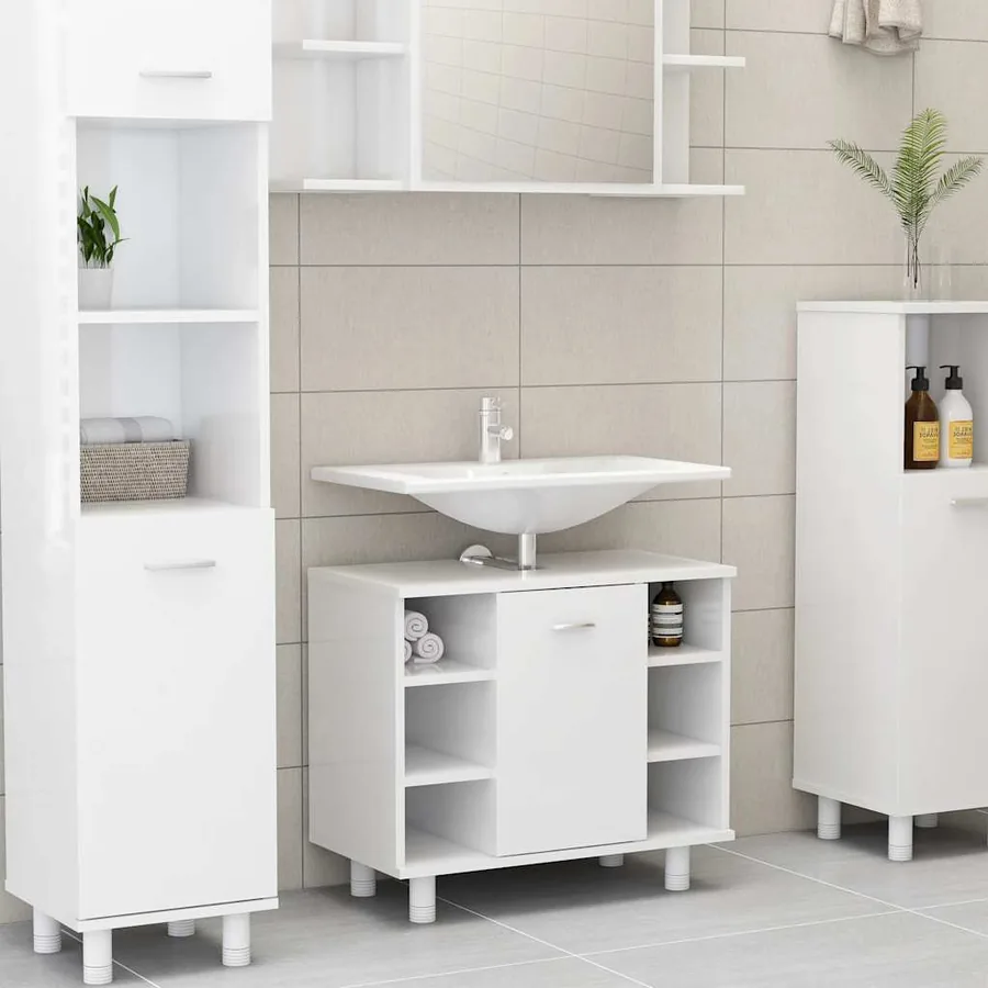 Armoire de salle de bain Blanc brillant Bois d’ingénierie