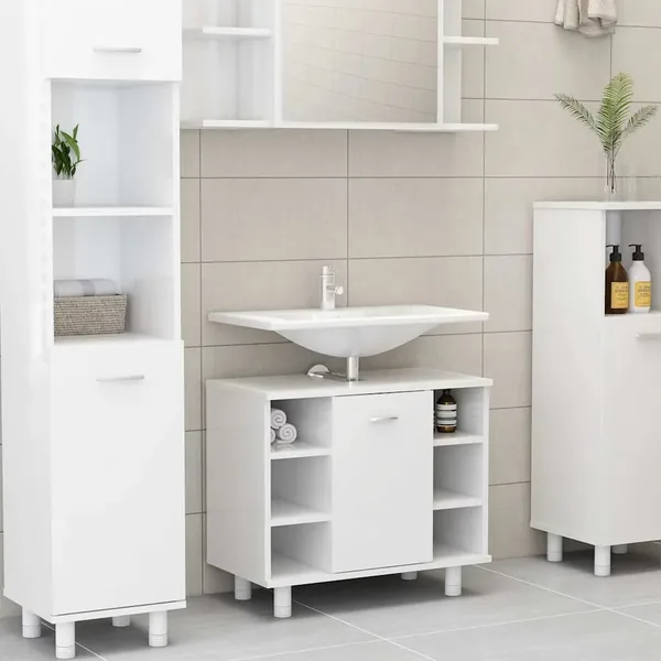 Armoire de salle de bain Blanc brillant Bois d’ingénierie