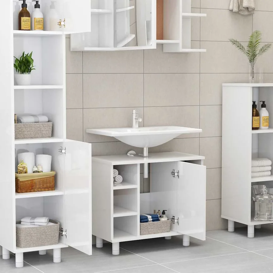 Armoire de salle de bain Blanc brillant Bois d’ingénierie - 3