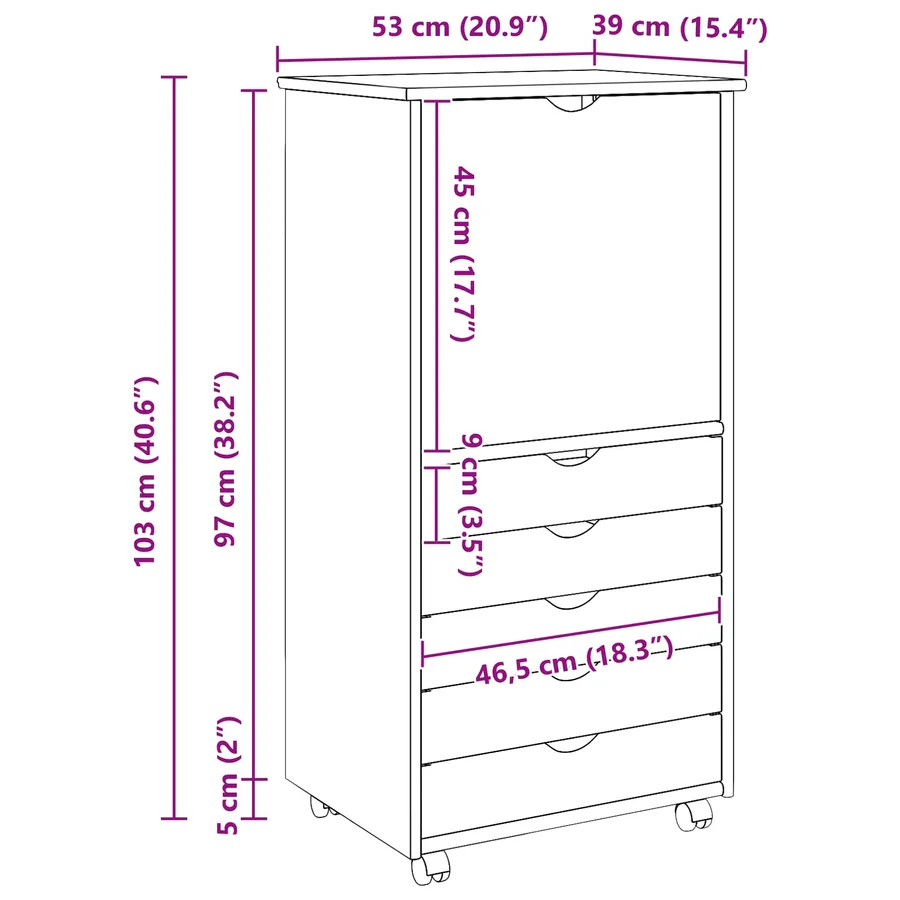 Cabinet roulant Gris 53 x 39 x 103 cm Bois de Pin Massif - 10