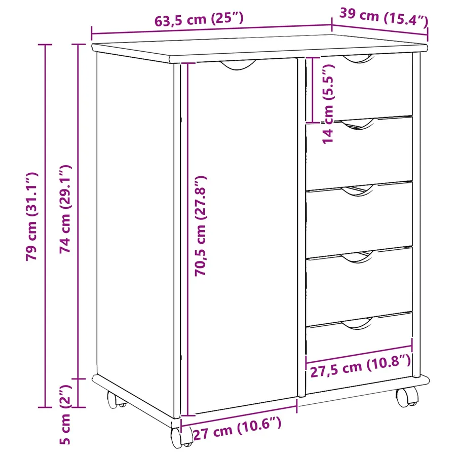 Cabinet roulant Marron 63,5 x 39 x 79 cm Bois de Pin Massif - 9