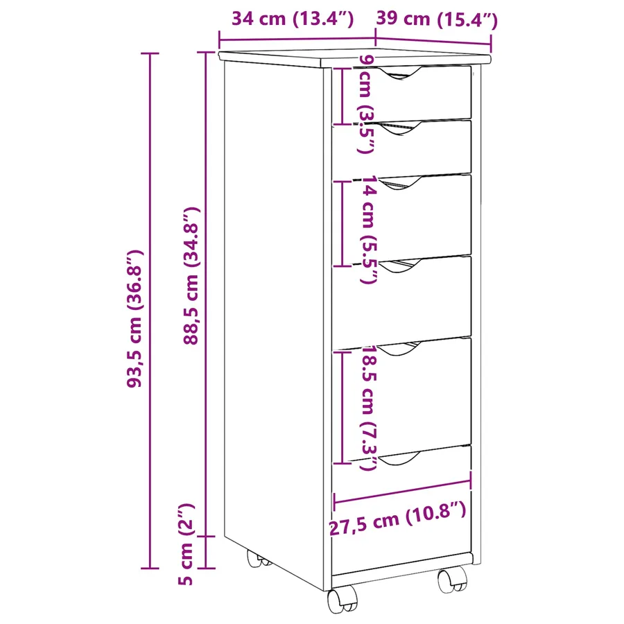 Cabinet roulant Gris 34 x 39 x 93,5 cm Bois de Pin Massif - 8