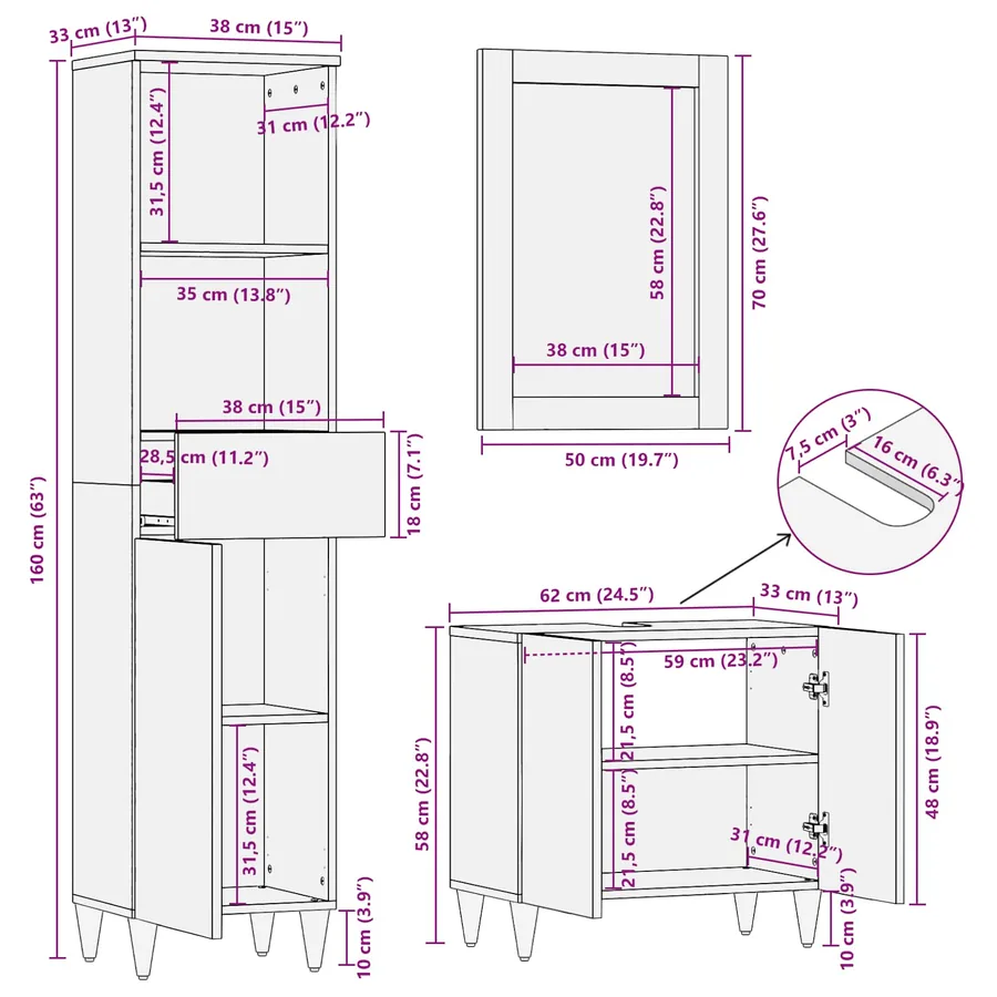 Ensemble de Meubles de Salle de Bain avec tiroir 3 pcs - 16