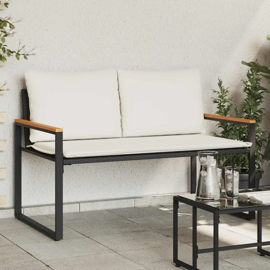 banc avec coussin Noir et blanc crème 115 x 65 x 72 cm Rotin