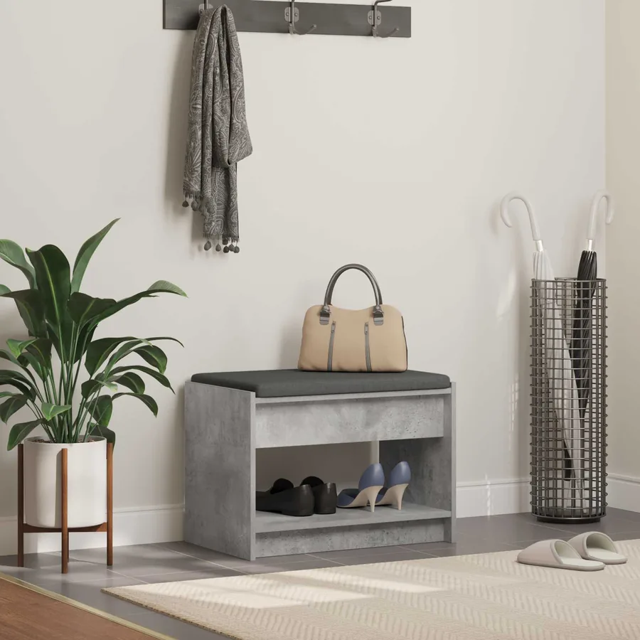 Banc d'entrée avec coussin Gris Béton 63 x 38 x 45 cm