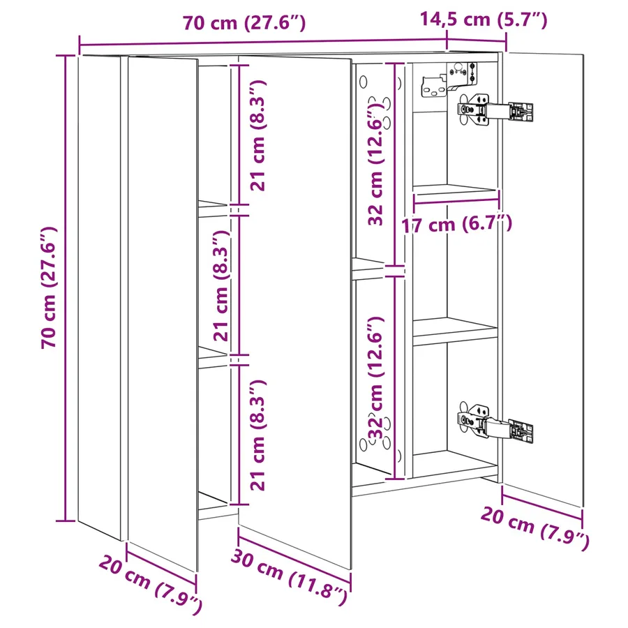Armoire Miroir de Salle de Bain Gris Sonoma 70 x 14,5 x 70 cm - 11